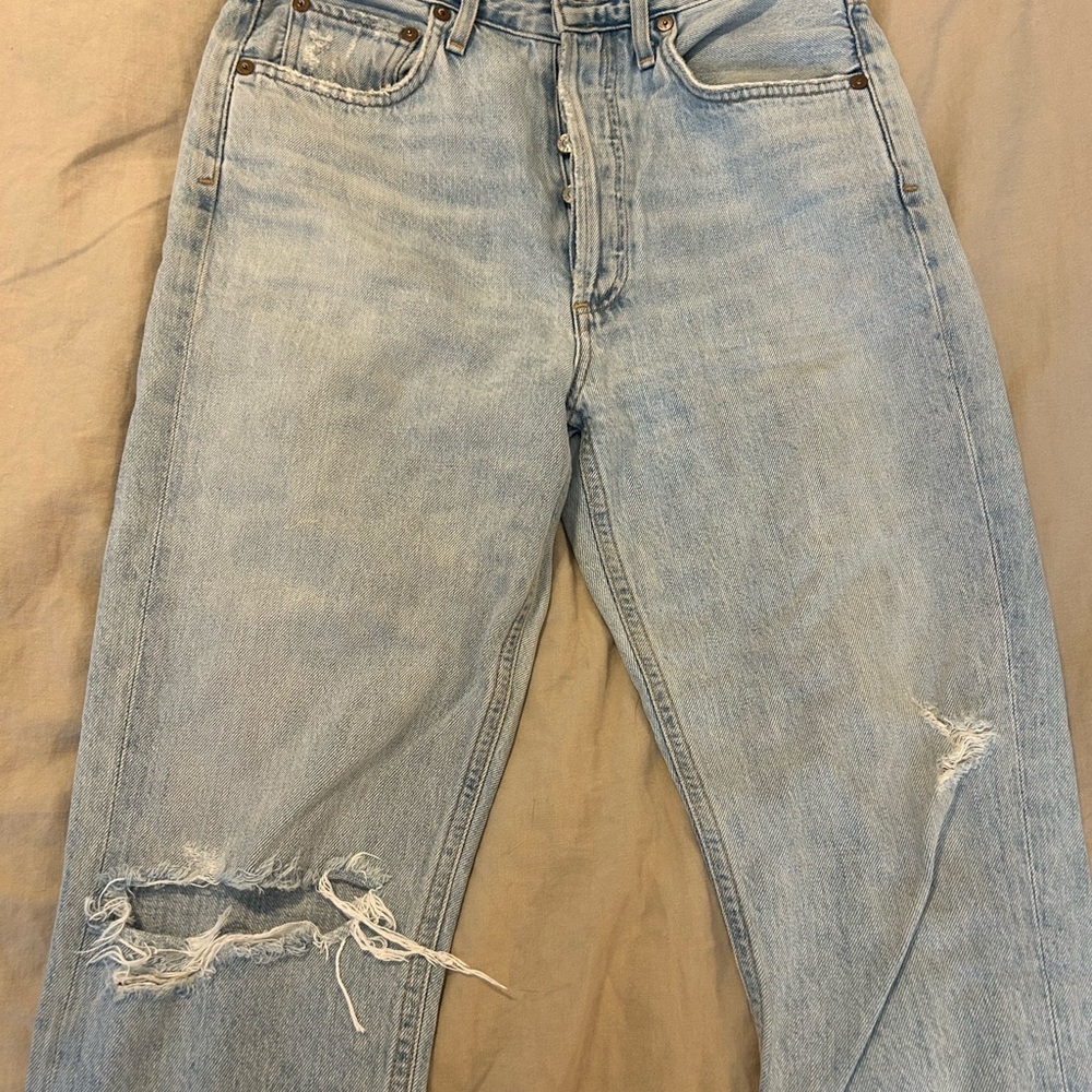 Agolde Riley High Rise Light Blue Distressed Women's Jeans - Picture 2 of 5